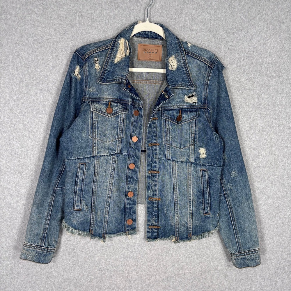 Blank NYC Jean‎ Jacket Small Heavily Distressed Trucker Frayed Destroyed Cut Off